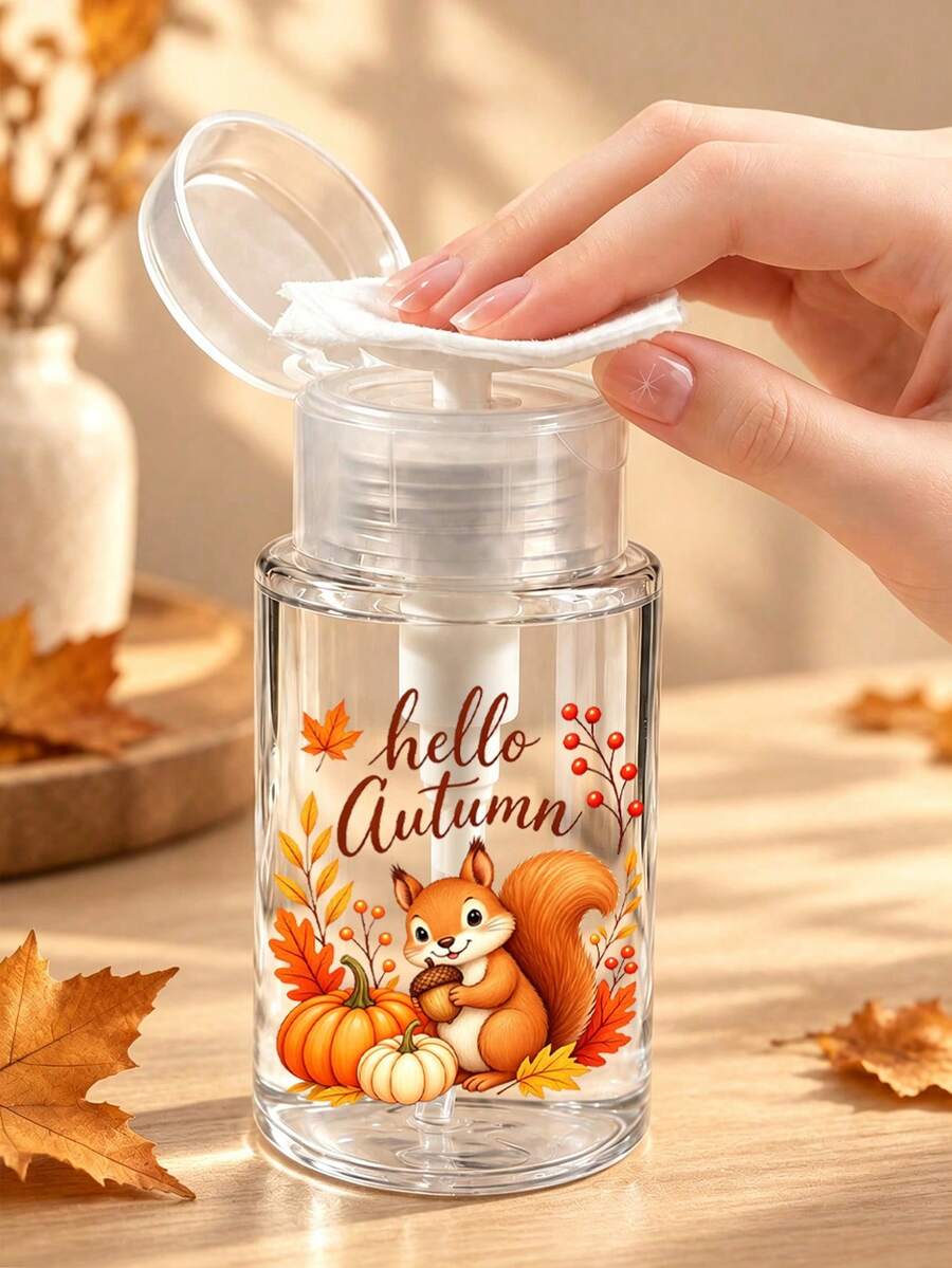 全新「Hello Autumn」秋季松鼠南瓜圖案透明PET旅行瓶，Hello Autumn主題，卸妝液分裝瓶，附3.38oz/6.76oz便攜壓頭分裝瓶，適用於卸甲水、化妝水與卸妝液，圓頂設計，洗手液/卸妝液瓶 - 彩色 - 查看 1