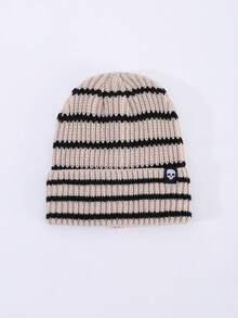 1pc Men's Fashion Striped Colorblock Skull Woven Label Knit Beanie Hat, Brimless, Suitable For Autumn/Winter Warmth, Daily Wear And Outfits - A - View 4