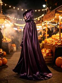 Deep Purple Long Hooded Cape, Halloween Witch Cosplay Cloak - With Oversized Hood Halloween Ghost Cosplay Costume Cape, Perfect For Stage Performance, Cosplay, Christmas Gift, Perfect Gift For Family - Dark Purple - View 5