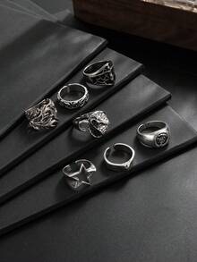 7pcs Vintage Gothic Style Ring Set, Silver Embossed Carved Rings, Punk Streetwear Stackable Finger Rings, European & American Men's Jewelry - Antique Silver - View 3