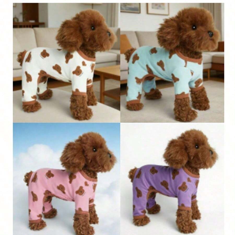 1 buah Pakaian Anjing Peliharaan Lucu, Pakaian Rumah Motif Beruang Berkaki Empat untuk Anjing Kecil Musim Gugur/Dingin - Putih - View 1
