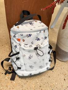 White Allover Baseball Panda Print Backpack, Drawstring Mesh Pocket Multi‑Pocket Lightweight Casual Daypack Rucksack For Teen Outdoor Daily Use - Multicolor - View 7