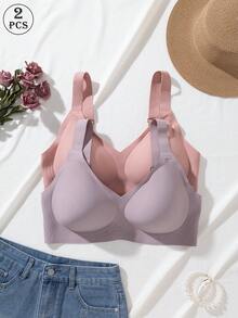 2pcs Jelly Glue Wireless Plus Size Bra With Adjustable Wide Strap, Seamless Back Hook And Eye Closure With 4 Rows For Enhanced Support And Cup Stability, Suitable For Commuting, Daily Wear, Home, Sports And Multiple Occasions, Plus Size Women's Bra - Multicolor - View 1
