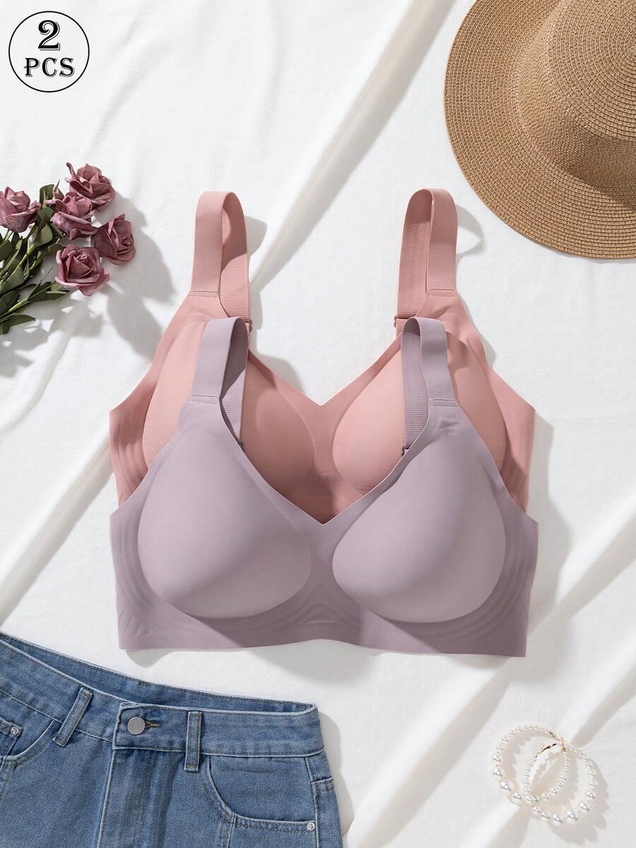 2pcs Jelly Glue Wireless Plus Size Bra With Adjustable Wide Strap, Seamless Back Hook And Eye Closure With 4 Rows For Enhanced Support And Cup Stability, Suitable For Commuting, Daily Wear, Home, Sports And Multiple Occasions, Plus Size Women's Bra - Multicolor - View 1