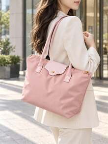SHBW 1件極簡百搭休閒純色大拉鍊大容量女款單肩托特包/斜挎包，可添加吊飾，適合購物、度假、工作、通勤，時尚女款單肩托特包，附頂部手柄拉鍊托特包，防水單肩包，餃子包，腋下包，尼龍包，可折疊學生包，適合旅行、學校和辦公室 - 彩色 - 查看 3