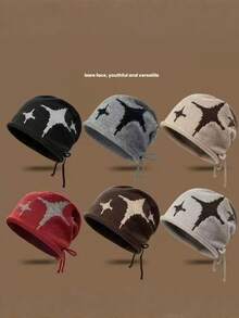 1pc Unisex Star Jacquard Drawstring Beanie Hat, Knit Headwear With Ear Protection, Warm Casual Outdoor Daily Wear, Slouchy Style - Multicolor - View 7