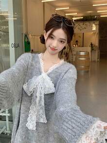 秋冬韓式寬鬆設計V領蕾絲拼接蝴蝶結女款毛衣 - 灰色 - 查看 4