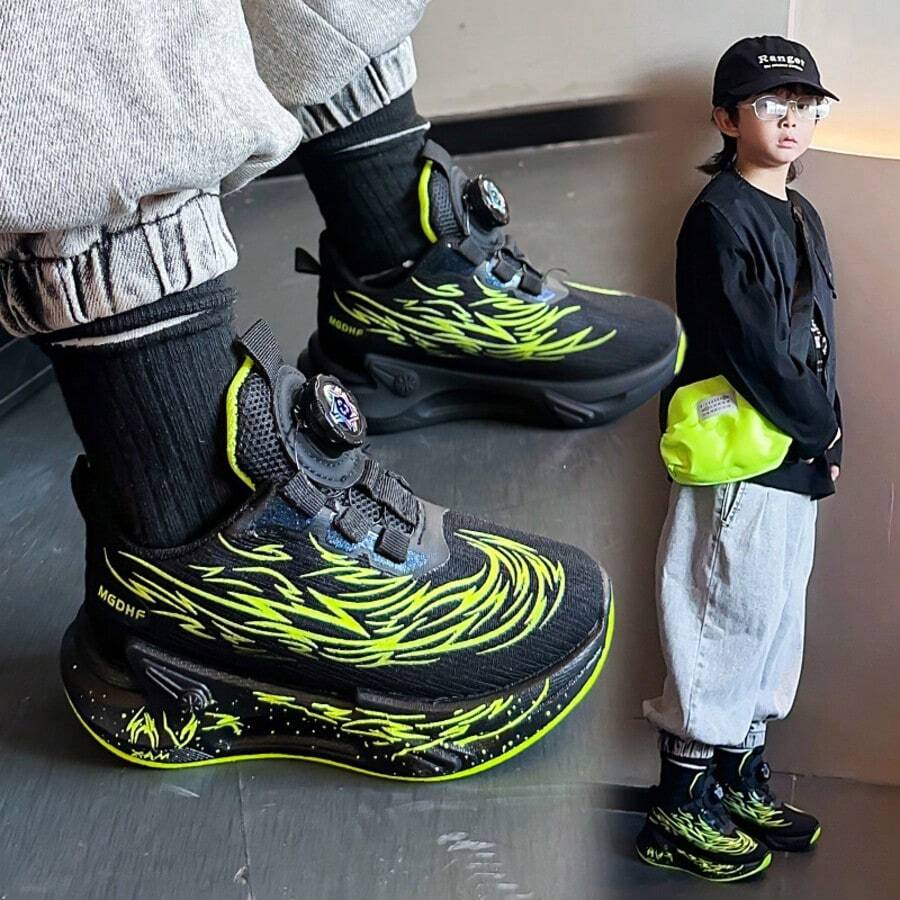 Kids Rotating Buckle Mesh Running Shoes, Breathable Lightweight Shock-Absorbing Non-Slip, Matching Sports Outfit, PE Class Running Outdoor Casual Wear - Black - View 1