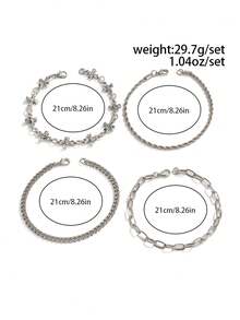 4pcs Vintage Distressed Silver Multi-Layer Stackable Bracelet Set, Cross Pendant Twisted Chain Cuban Chain Set, Autumn Sweatshirt Street Punk Accessory Holiday Gift - White K - View 5
