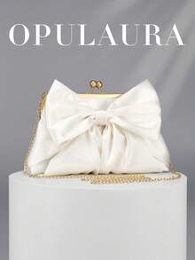 OpulAura 女款精緻迷人蝴蝶結裝飾晚宴手拿包 低調奢華仿珍珠設計 手提包 適合婚禮／度假／正式派對／舞會場合 含鍊條 - 白色 - 查看 2