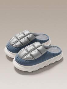 Men's Down Fabric Thick Sole Indoor Slippers, Fleece Lining Warm Winter House Shoes - Blue-grey - View 7
