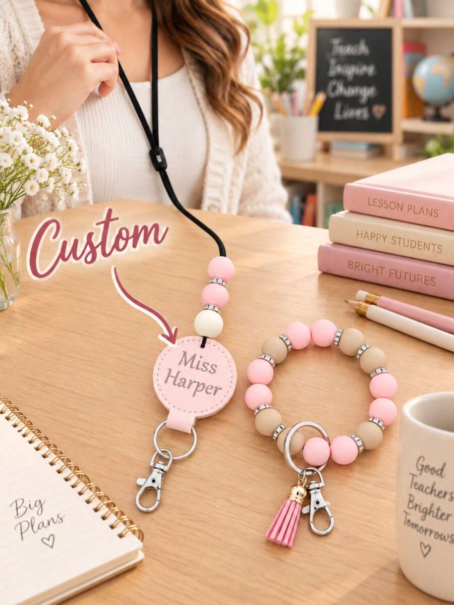 Personalized Badge Reel & Beaded Wristlet Keychain Set, Custom Name Retractable ID Card Holder For Nurses, Teachers & Office Staff - Multicolor - View 1