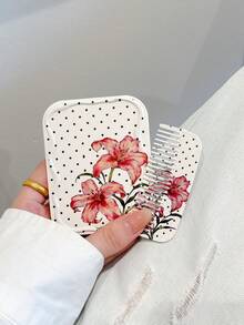 Polka Dot Lace Portable Mirror & Comb Set, Mini Portable Makeup Mirror With Small Comb Set, Women's Pocket Touch-Up Mirror, Desktop Makeup Mirror, Rectangular Desktop Portable Folding Mirror - Multicolor - View 5