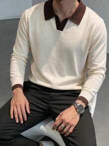 Men's Contrast Collar Long Sleeve Knit Pullover, Business Casual Style Fashion Top - Apricot - View 2