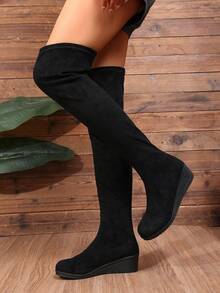 Women's New Autumn/Winter Suede Thick Sole Wedge High Heel Slip-On Over-The-Knee Round Toe Elastic Long Boots, Fashionable & Comfortable - Black - View 4