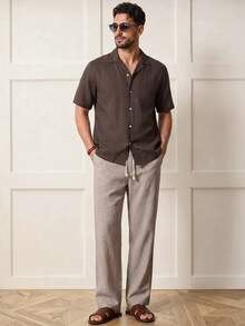 Voidago 2pcs/Set Men's Brown Colorblock Faux Linen Set, Cuban Collar Short Sleeve Shirt + High Waist Drawstring Wide Leg Pants, Loose Fit, - Coffee Brown - View 1