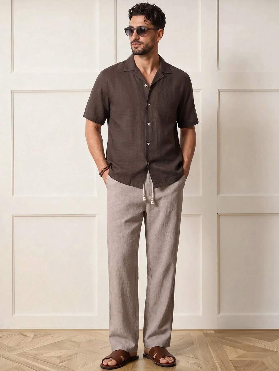 Voidago 2pcs/Set Men's Brown Colorblock Faux Linen Set, Cuban Collar Short Sleeve Shirt + High Waist Drawstring Wide Leg Pants, Loose Fit, - Coffee Brown - View 1