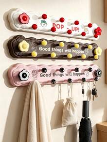 1pc Cute Wave Shape Wall Mounted Hook Rack, Flower Decor Multi Hooks, Self-Adhesive No Drill Wall Hanger, Cartoon Print Key Towel Coat Holder, Punch-Free Wall Storage Hook For Entryway Bedroom Bathroom Home Decor - View 2