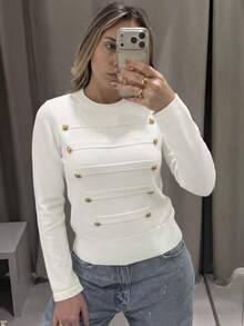 Women's Autumn Outfit: White Knit Round Neck Long Sleeve Top With Metal Buttons, Fashionable Minimalist Style, Suitable For Daily And Work Wear - White - View 6