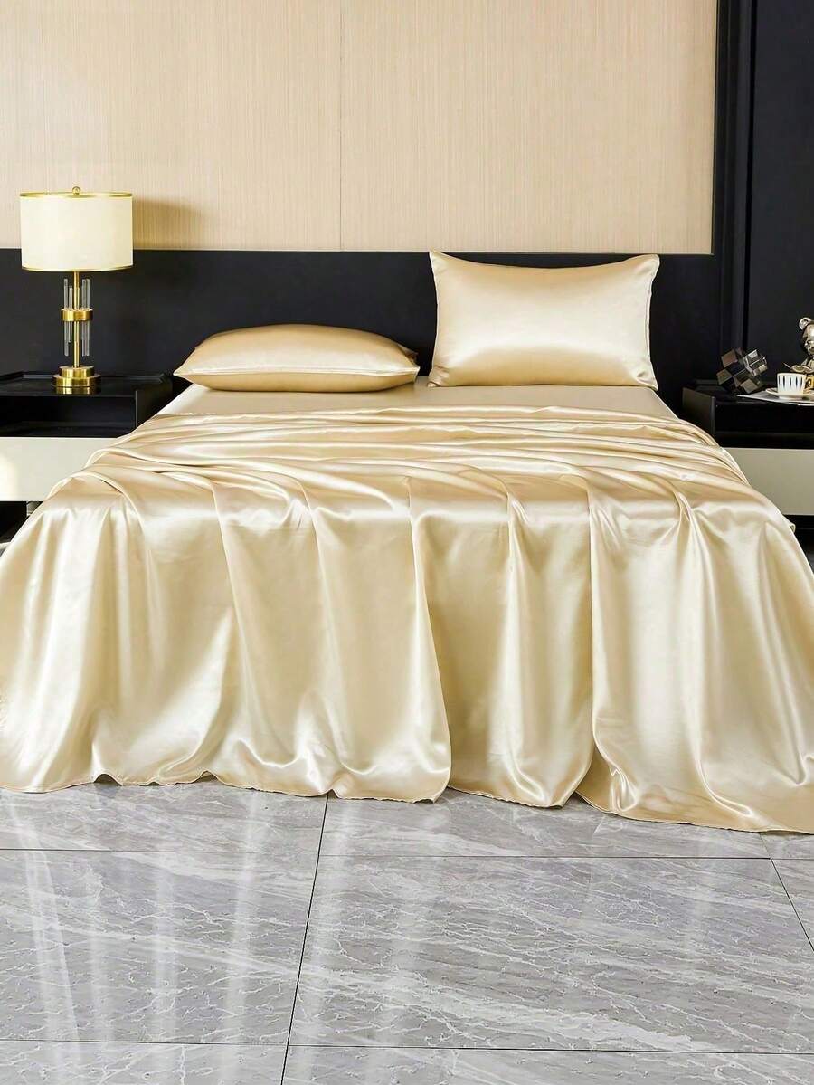 4pcs Champagne Color Premium Solid Color Silky Satin Bed Sheet Set, 1 Fitted Sheet & 1 Flat Sheet & 2 Pillowcases Bedding Mattress Protector Set (Pillow Inserts Not Included) Deep Pocket Design Up To 11.8 Inches, Home Textiles - Champagne - View 1