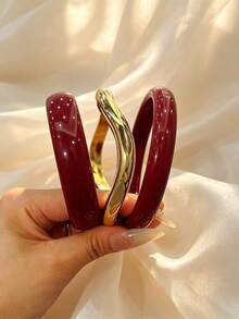 3pcs Set Fashion Vintage Thick Multi-Color Asymmetrical Acrylic Bracelet Set, Suitable For Women, Daily Wear, Gift For Friends And Family - Multicolor - View 1