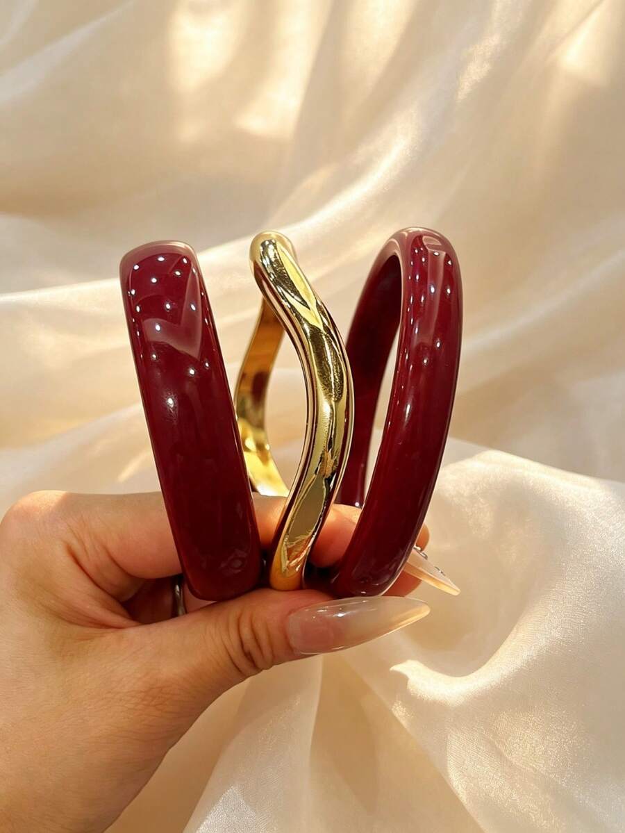 3pcs Set Fashion Vintage Thick Multi-Color Asymmetrical Acrylic Bracelet Set, Suitable For Women, Daily Wear, Gift For Friends And Family - Multicolor - View 1