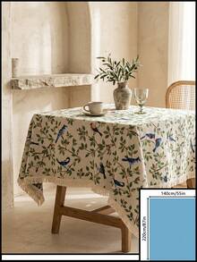 1pc Beige Base Green Branch & Blue Bird Print Tablecloth, French Fresh Style Linen Blend Fabric, Square Shape With Beige Tassel Edge Detail, Stain-Resistant Desktop Protector, Functional Dining Table Cloth Suitable For Daily Breakfast And Cozy Home Decor Scenes - Beige - View 11