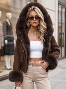 Women's Cropped Hooded Jacket Artificial Fur Trim Zip Snap Front Drawstring Hem - Chocolate Brown - View 4
