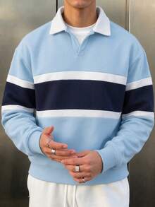 Men's Autumn/Winter Popular Casual Versatile Minimalist Colorblock Collar Long Sleeve Sweatshirt For Commute And Travel - Baby Blue - View 1