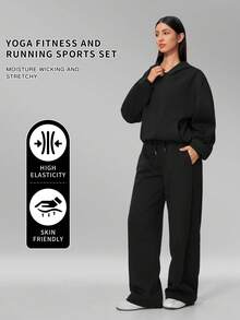 MFVIM Women's Autumn/Winter New Long Sweatshirt + Long Sweatpants 2pcs Sports Casual Versatile Set - Premium Black - View 2