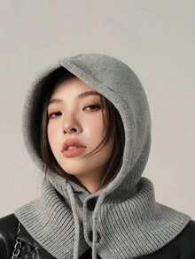 One-Piece Hood & Neck Warmer Set, Drawstring Button Windproof Hood, Suitable For Daily Street Travel Outdoor Cold Weather, Unisex Fashion Headwear - A - View 7