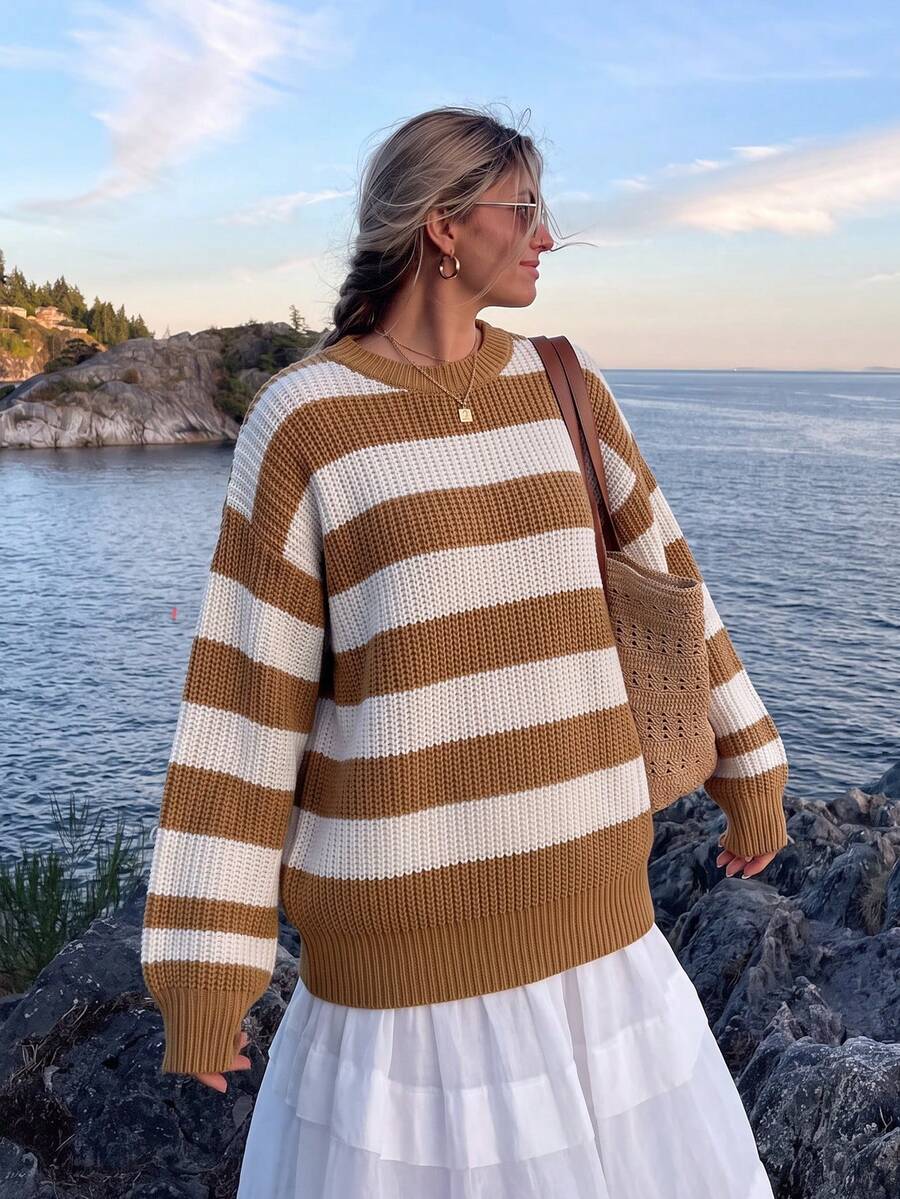 Women Striped Round Neck Dropped Shoulder Long Sleeve Casual Pullover Sweater, Autumn/Winter Knit Pullover Fall