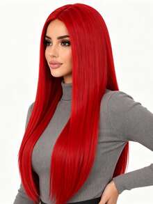 28 Inch Red Middle Part Straight Hair Wig, Comfortable Wear, Suitable For All Women Party Ball Dress Up Long Straight Wig. - Red - View 4
