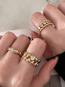 3pcs Gold Rings French Vintage Exquisite Minimalist Bold Design Rhinestone Open Ring Suitable For Women Daily Holiday Commute Wear - 3-piece Ring Set - View 2