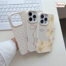 Set 3 Casing Ponsel Tekstur Leci Bunga Lily Anti-Slip Tahan Air Tahan Benturan, Penutup Pelindung Kulit Sintetis Putih Motif Bunga - MultiWarna - View 5