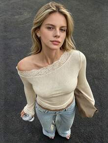 Lace One Shoulder Bell Sleeve Top Women, Sexy Cinched Waist Slim Fitted Blouse, Office Date Fall Winter Fashion - Apricot - View 1