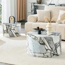 2 Round Coffee Tables With Storage Space, Nesting Table Design With Wood Look, Made Of MDF, Approximately 62.8/44 In Diameter, Living Room Side Table With Lid And Hollow Space. - White + MDF - View 8