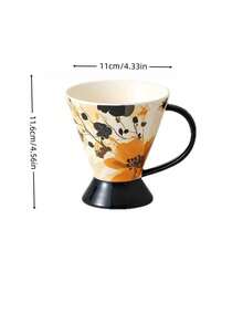 1 Flower Ceramic Coffee Cup, Flower Patterned Conical Ceramic Tea Cup, Black Handle And Base Coffee Drinking Cup, Unique Desktop Decoration, Suitable For Daily Household Use, Office, Friends And Colleagues, Coffee Enthusiasts As A Housewarming Gift - Multicolor - View 11