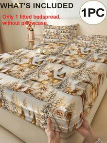 1PC Gold Christmas Snow Scene Pattern Fitted Sheet (Fitted Sheet Only, No Pillowcase), Santa Claus Print Soft Bedroom Bedding, Suitable For Bedroom, Guest Room, School Dormitory Fitted Sheet, Easy To Remove And Machine Washable All Season Mattress Protector, Perfect Christmas Gift For Parents And Friends - Multicolor - View 2