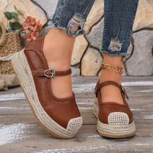 Women's Hemp Rope Woven Thick Sole Closed Toe Shoes With Buckle One-Strap Versatile Casual Shoes - Ginger - View 5