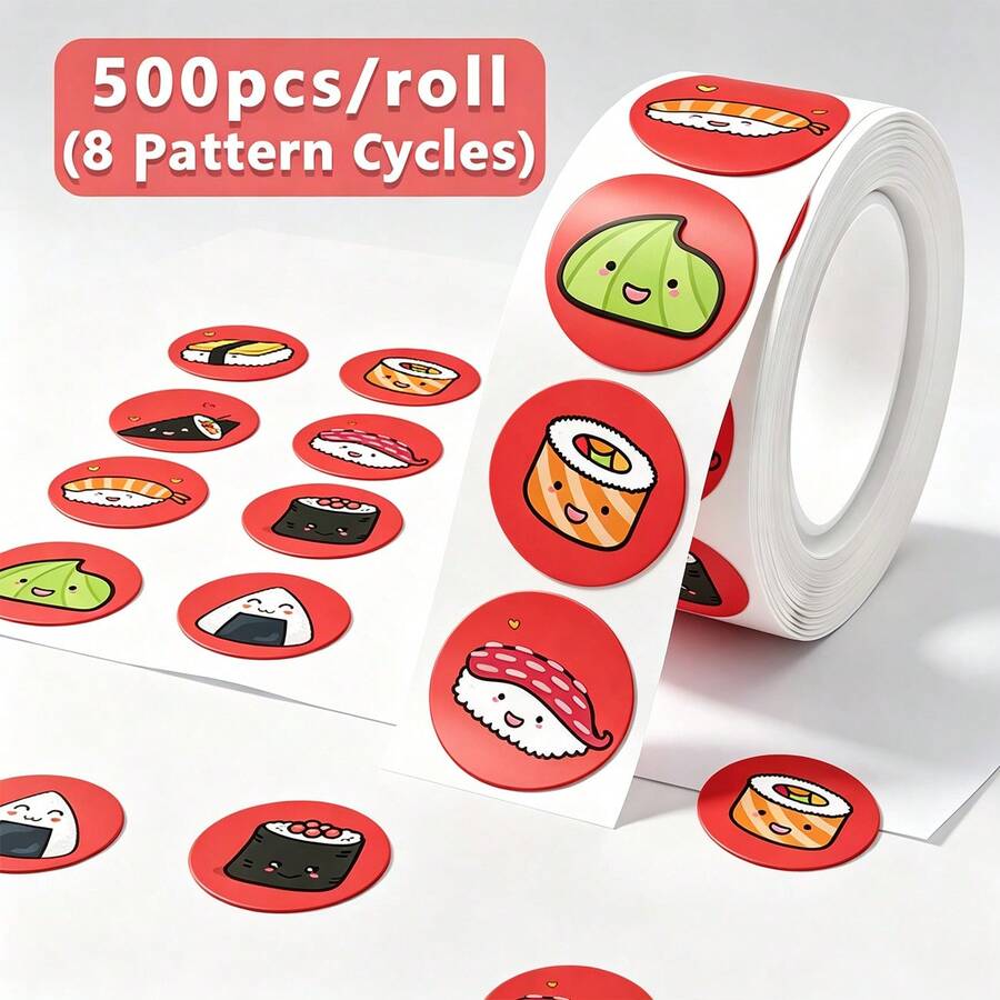 500pcs/Roll Sushi Style Graffiti Stickers 1 Inch Round 8 Patterns Baking Packaging Stickers Envelope Gift Seal Stickers Cup Stickers DIY Decoration Stickers PVC Self-Adhesive Label Roll Stickers - Multicolor - View 1