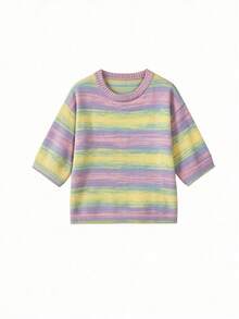 FOR BEAUTY Women's New Autumn Knit Sweater, Green & Blue Striped Round Neck Mid Sleeve Pullover, Casual Style, Suitable For Daily Wear And Commuting - Multicolor - View 5