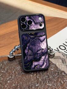 1pc Purple Tone Gold Marble Fluid Tie Dye Pattern Large Window Phone Case, Ins Luxury High-End Style; Black Matte Marble Texture Phone Case, Raised Lens Full Coverage Anti-Drop Soft Shell, Suitable For Personal Use, Valentine's Day, Birthday Gift Choice; Compatible With IPhone Case & Galaxy Case - Black - View 5