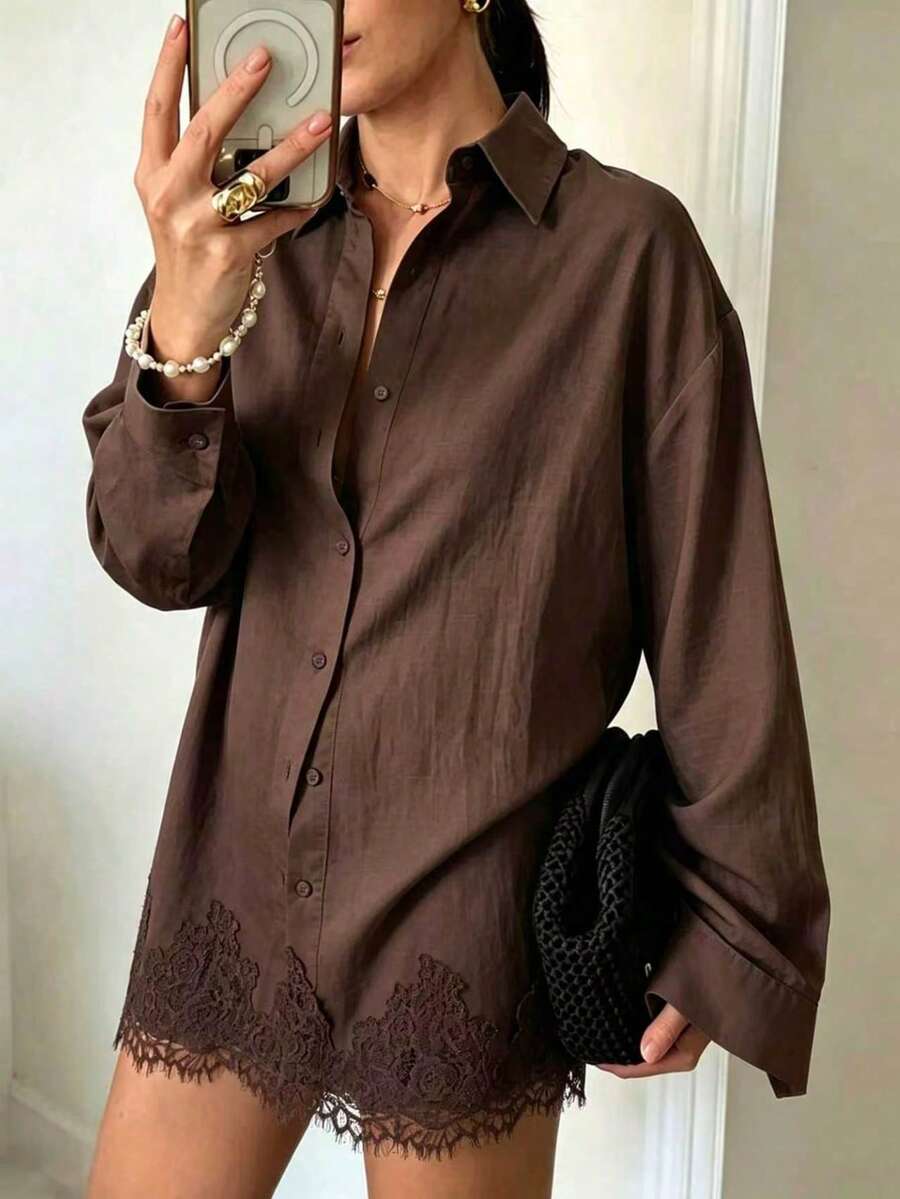 女款休閒寬鬆棕色蕾絲拼接襯衫,輕盈透氣舒適版型,適合度假、約會、日常穿著,四季皆宜,秋季襯衫 - 咖啡棕 - 查看 1