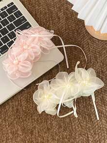 1/2PCS Elegant Mesh Flower Banana Clip Fashion Faux Pearl Ribbon Ponytail Hair Clip Versatile Hair Accessory For Women - Multicolor - View 6