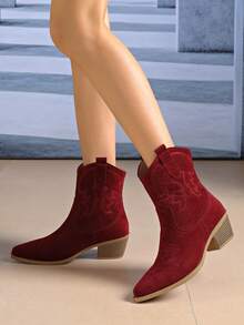 Autumn/Winter New Women's Outdoor Fashion Patchwork Embroidered Pointed Toe Western Boots Comfortable Chunky Heel Slip-On Short Ankle Boots - Burgundy - View 5