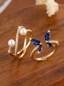 2pcs Fashion Cubic Zirconia Blue & Gold Butterfly Women's Decorative Adjustable Rings - Blue and Gold Set - View 3
