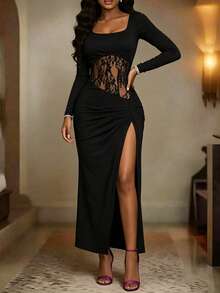 RNU Women's Black Square Neck Long Sleeve Evening Dress, Autumn/Winter Style, Sheer Lace Patchwork Bodice, Ruched Gathered Design, High Slit Knit Elastic Hem, Sexy Slim Fit High-End Texture, Suitable For Dinner, Party, Cocktail, Atmospheric Eye-Catching Dress - Black - View 8