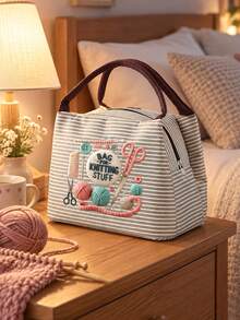 Printed With Yarn, Scissors And Knitting Needles, This Handbag Can Store Sewing Tools, Cosmetics And Small Personal Items. Multiple Fresh Striped Color Combinations, Suitable For Handmade Enthusiasts And Commuters, Artistic Handmade Healing Style, Perfect As A Practical Creative Gift For Girls Who Love Knitting And Sewing - Multicolor - View 6