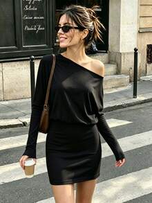 Cold Shoulder Black Dress, Women's Autumn Halloween Party Concert Casual Outfit - Black - View 2
